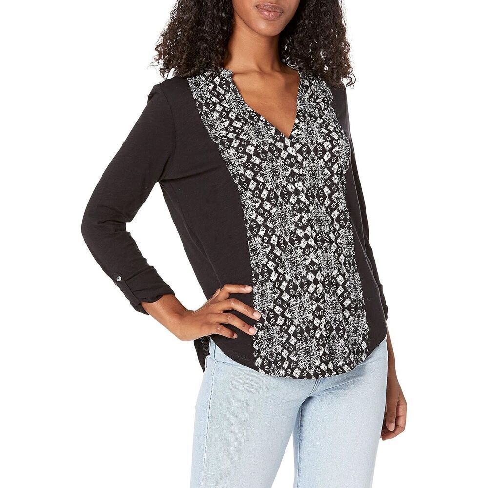Womens Lucky Brand V Neck Tribal Printed Bib Button Down Blouse Top - Sz M